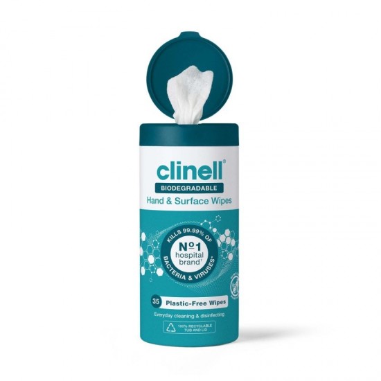 Clinell Biodegradable Hand & Surface Wipes Plastic Free 35's (tub)