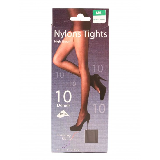 Pretty Legs 10 Denier High Sheen Nylons Tights Nearly Black M/L