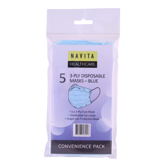 Navita Healthcare 3ply Disposable Masks 5pk Blue Navita Healthcare 3ply Disposable Masks 5pk Blue