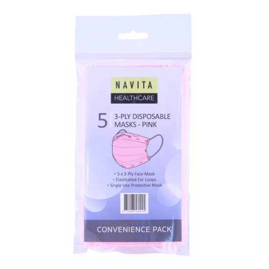 Navita Healthcare 3ply Disposable Masks 5pk Pink