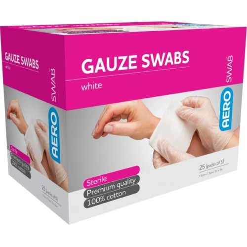 AeroSwab Sterile White Gauze Swab 7.5x7.5cm 25 Packs of 5